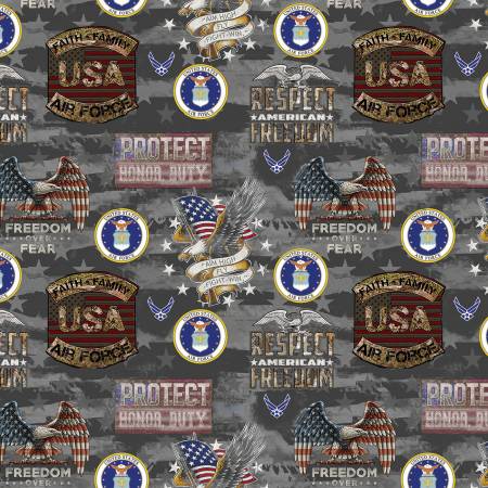 Sykel Enterprises Military Printa Fabric - United States Air Force - Camo Flag - Respect - Freedom - USA - Protect Eagle - Cotton Fabric