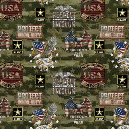 Sykel Enterprises Military Printa Fabric - United States Army - Camo Flag - Respect - Freedom - USA - Protect Eagle - Cotton Fabric
