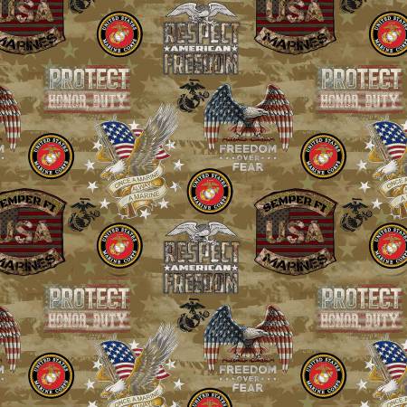 Sykel Enterprises Military Printa Fabric - United States Marines - Camo Flag - Respect - Freedom - USA - Protect Eagle - Cotton Fabric