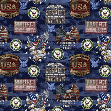 Sykel Enterprises Military Printa Fabric - United States Navy - Camo Flag - Respect - Freedom - USA - Protect Eagle - Cotton Fabric