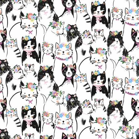 Timeless Treasures Cat Fabric - Multi Pretty Cat & Florals Fabric - Cats - CD2747 - Multi - Cotton Fabric