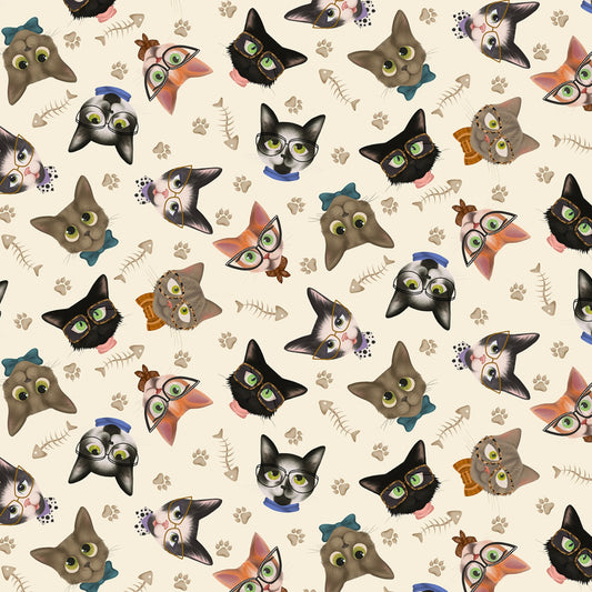 Timeless Treasures Cat Fabric - Sassy Cats Tossed Heads in Glasses -TT-SAGE-CD1457 -  Multi Cat - Cat -  Cotton Fabric