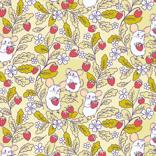 Cloud 9 Strawberry Mouse Fabric - Olive Forest Friends Organic Cotton - Forest Friends by the Good Twin Collection - #228668-X