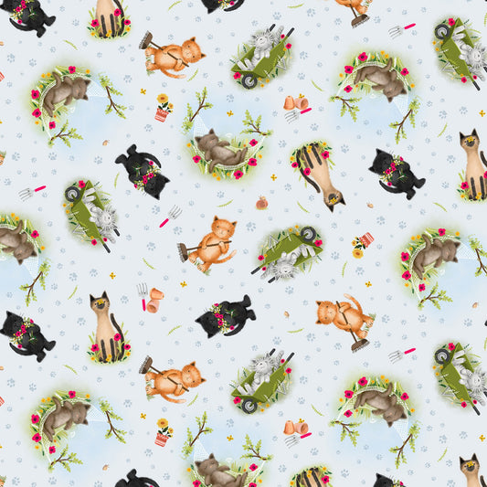 Timeless Treasures Cat Fabric - Pretty Cats in Garden - Garden - Floral - Cat -  CAT-CD1586 SKY - Cotton Fabric