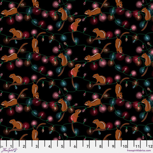 Free Spirit Fabric - Chipmunk and Lights - Black - Woodland Holiday - PWKT016.XBLACK - Daughter Earth/Katy Tanis - Cotton Fabric