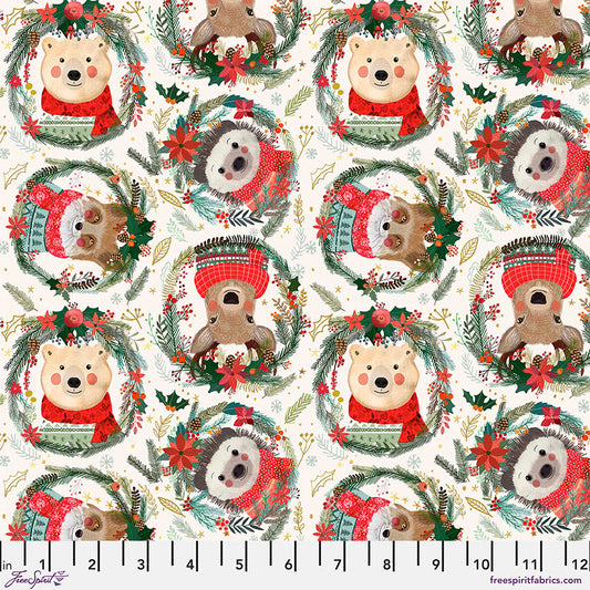 Free Spirit Fabric - Christmas Squad - Fuzzy Friends - Ivory - Animal Wreath - Mia Charro - PWMC012.XIVORY - Cotton Fabric