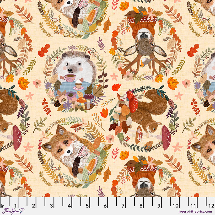Free Spirit Fabric - Autumn Friends - Autumn Wreaths - Mia Charro - PWMC033.XCREAM - Hedgehog - Squirrel - Fox - Deer - Cotton Fabric