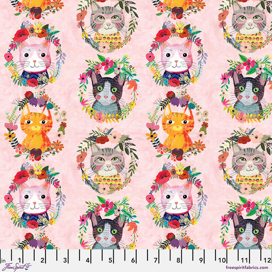 Free Spirit Fabric - Floral Pets - Kitty Wreaths - Mia Charro - PWMC051.XPINK - Kitten - Cat - Floral - Cotton Fabric