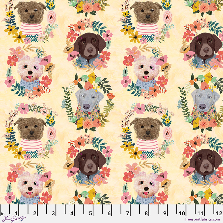 Free Spirit Fabric - Floral Pets - Puppy Wreaths - Mia Charro - PWMC052.XYELLOW - Dog - Puppy - Floral - Cotton Fabric