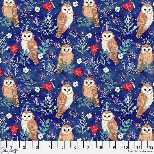 Free Spirit Christmas Cabin Fabric - Owl Magic - Mia Charro - PWMC089.XBLUE - Owl - Floral - Holiday - Cotton Fabric