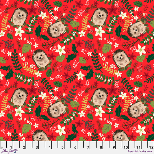 Free Spirit Christmas Cabin Fabric - Christmas Hedgehog - Mia Charro - PWMC094.RED - Hedgehog - Floral - Holiday - Cotton Fabric