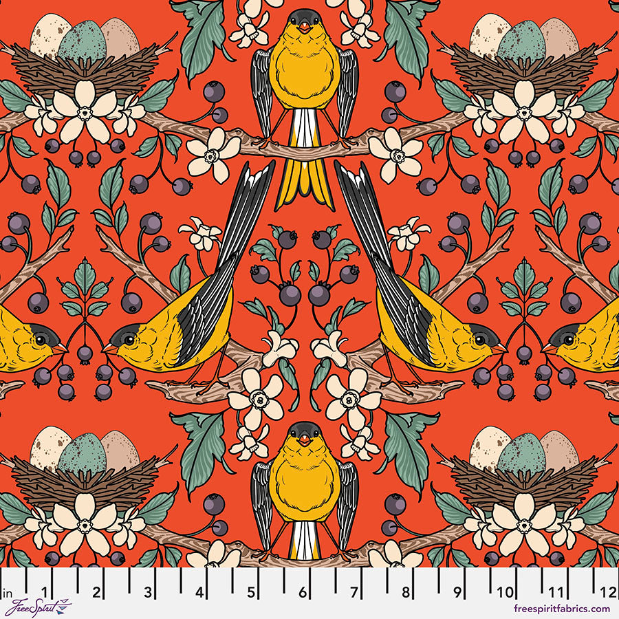 Free Spirit Fabric - Birds of a Feather - Berry Gifted - Vermillion - Rachel Hauer - PWRH041 - Cotton Fabric