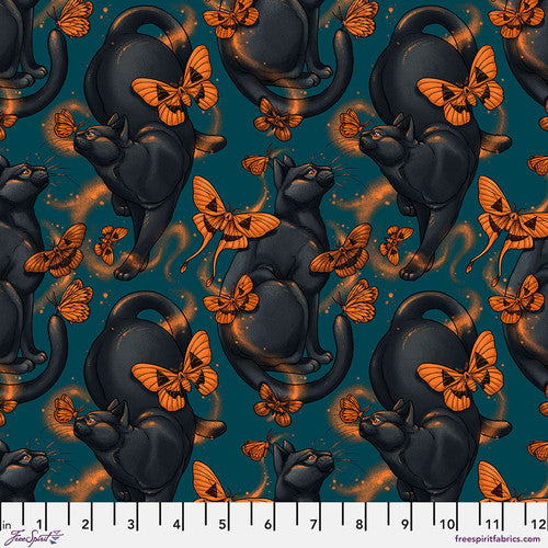 Free Spirit Moth Cat Fabric - Mystic Moonlight - Turquoise - Cat - PWRH097.TURQ - Rachel Hauer - Cotton Fabric