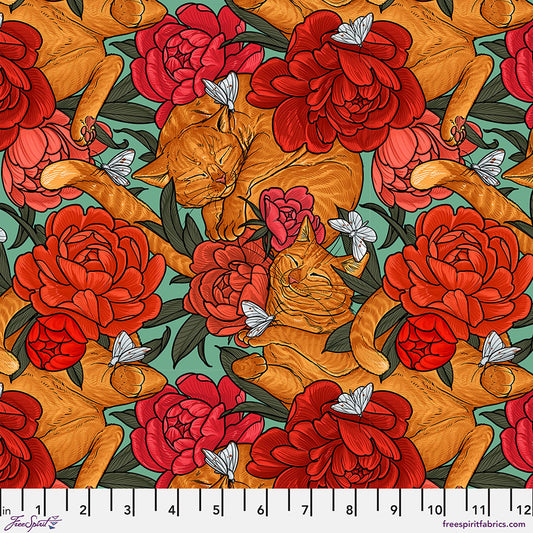 Free Spirit Garden Bed Fabric - Cat Nap - Mint - Rachel Hauer - PWRH100 - Cotton Fabric