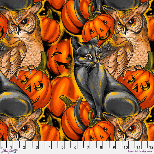 Free Spirit Halloween Fabric - Pumpkin Party - Orange - Costumes & Cobwebs by Club Hauer - #PWRH121.ORANGE - Cotton Fabric