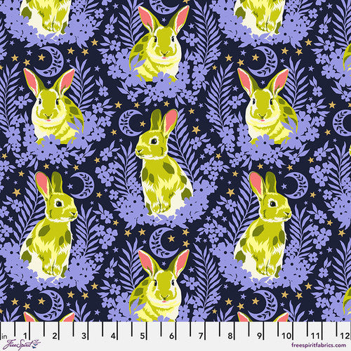 Free Spirit Tula Pink Metallic Besties Fabric - Hop To It - Bluebell - PWTP215.BLUEBELL  - Cotton Fabric