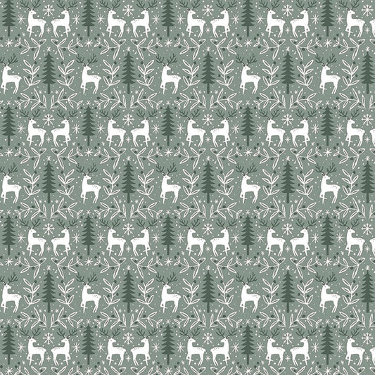 Dear Stella Reindeer Fabric - Moss Reindeer Toile - Best in Snow - Clara Jean - ST-DCJ2488 - MOSS - Cotton