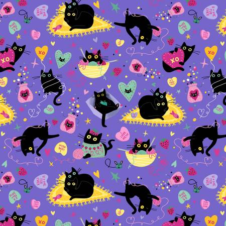 Dear Stella Cat Fabric - Hugs N Purrs - Pansy Hugs N Purrs - #ST-DLW2978PANSY - Leezaworks - Cotton