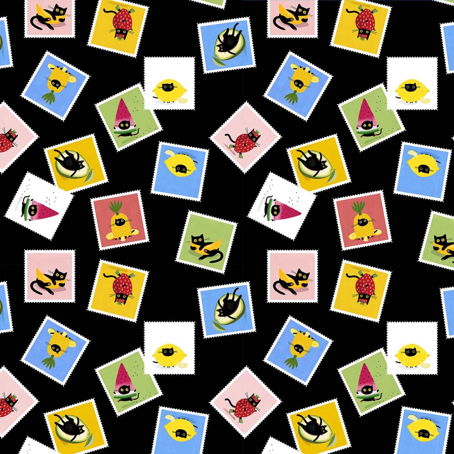 Dear Stella Cat Fabric - Furruit Postage Stamps Oil - Furruit Cocktail - Leezaworks Collection - #ST-DLW3324 - Cotton