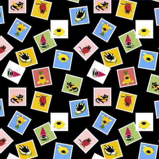 Dear Stella Cat Fabric - Furruit Postage Stamps Oil - Furruit Cocktail - Leezaworks Collection - #ST-DLW3324 - Cotton