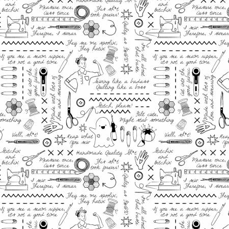 Dear Stella Stitching Fabric - White Sweary Stitching - Quiet Riot by Pammie Jane - #ST-DPJ3098WHITE - Cotton