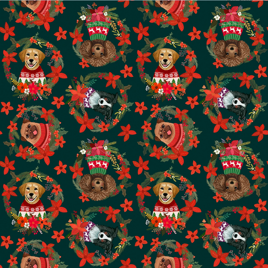 Free Spirit Christmas Pets Fabric - Christmas Dogs Spruce - Mia Charro - PWMC108.XSPRUCE - Dog - Floral Wreath - Cotton Fabric