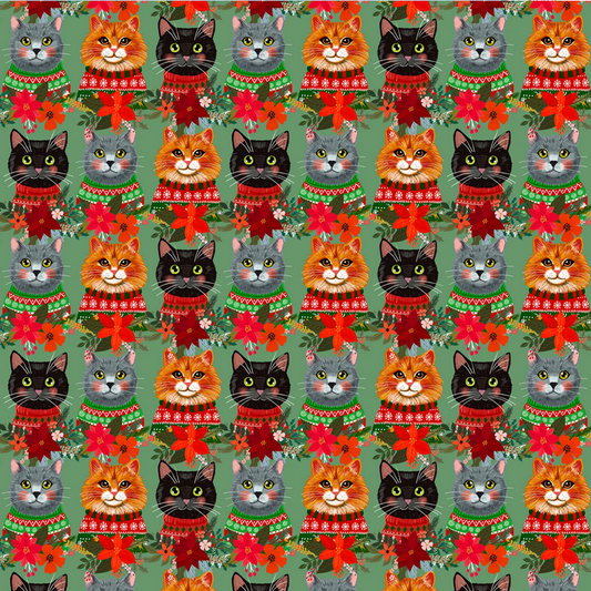Free Spirit Christmas Pets Fabric - Christmas Cats Sage - Mia Charro - PWMC109.XSAGE - Cat - Floral - Cotton Fabric