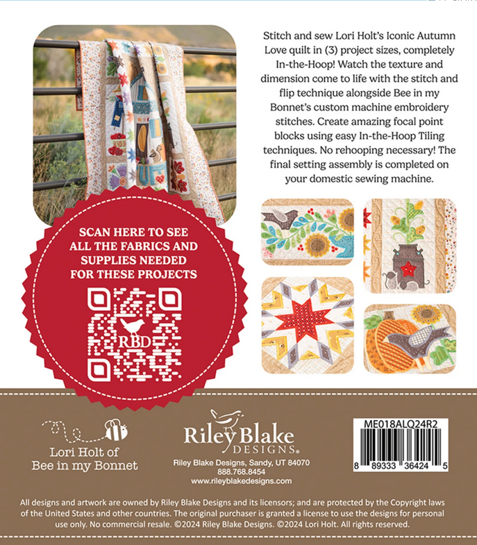 Riley Blake Machine Embroidery - Autumn Love Quilt Projects - Machine Embroidery USB - #ME018ALQ24R2 - Lori Holt - USB Pattern
