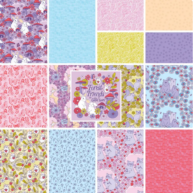 Cloud 9 Forest Friends Fat Quarters - 14 Fat Quarters Bundle - Organic Cotton - Rabbit - Mouse - Squirrel - Raccoon - Bear - Deer