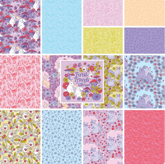 Cloud 9 Forest Friends Fat Quarters - 14 Fat Quarters Bundle - Organic Cotton - Rabbit - Mouse - Squirrel - Raccoon - Bear - Deer