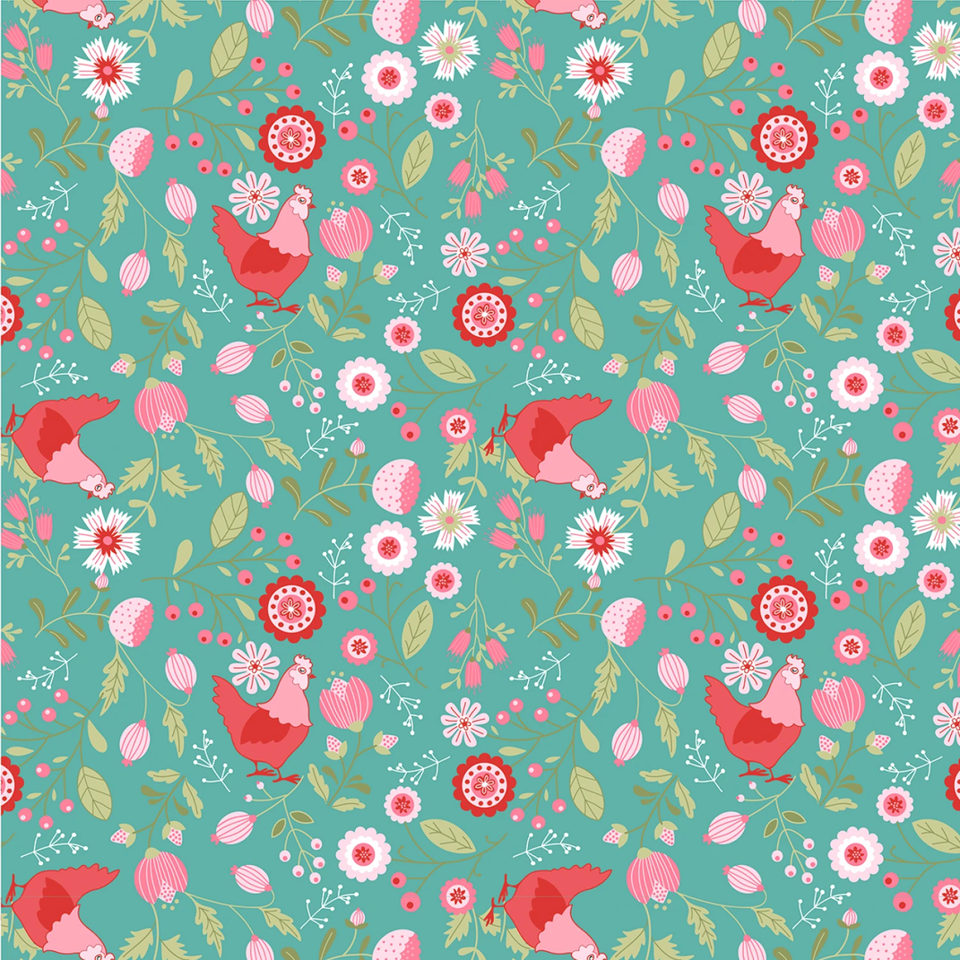Poppie Cotton Fabric - Smitten Chicken by Lori Woods Collection - Aqua - #SN251120 - Cotton