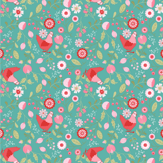 Poppie Cotton Fabric - Smitten Chicken by Lori Woods Collection - Aqua - #SN251120 - Cotton