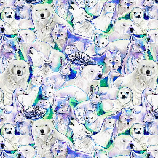 Studio E Arctic Fabric - Tales of the Tundra by Katy Lipscomb - Amethyst Tundra Animals - Cotton - Polar Bear - Wolf - Owl - Seal