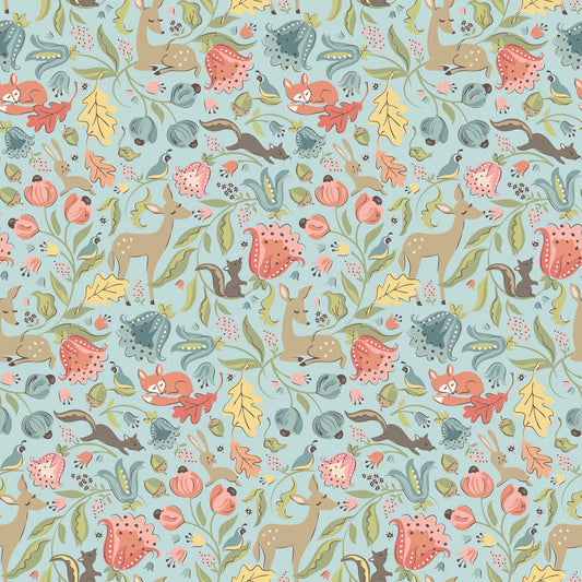 Poppie Cotton Woodland Fabric - Lt Teal Deer Meadow - Wildwood by Sheri McCulley Collection - #WW25101 - Cotton