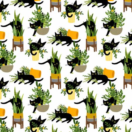 Dear Stella Cat Fabric - White Just Purrlanted - A Tall Yarn - Leezaworks Collection - #ST-DLW266WHITE - Cotton Fabric
