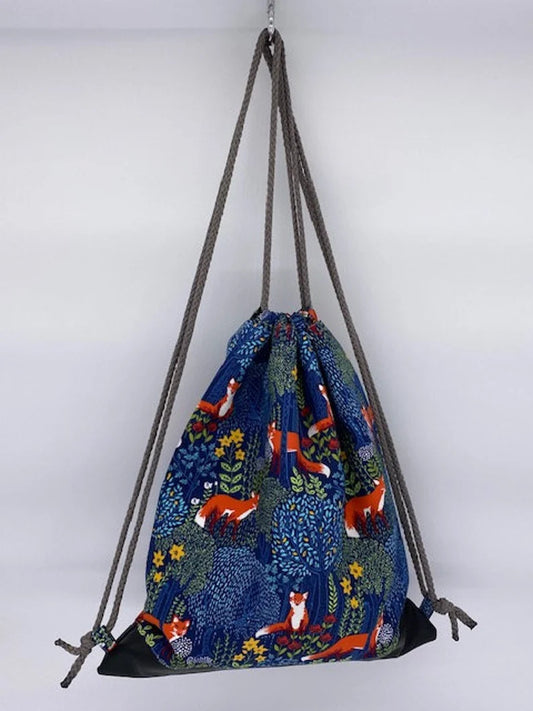 Fox Drawstring Bag - Handmade Drawstring Bag – Drawstring Backpack - On the Go Bag - Toy Sack - Fox - Floral (BLUE)