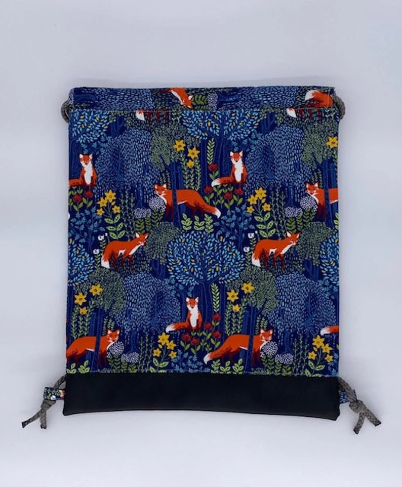 Fox Drawstring Bag - Handmade Drawstring Bag – Drawstring Backpack - On the Go Bag - Toy Sack - Fox - Floral (BLUE)