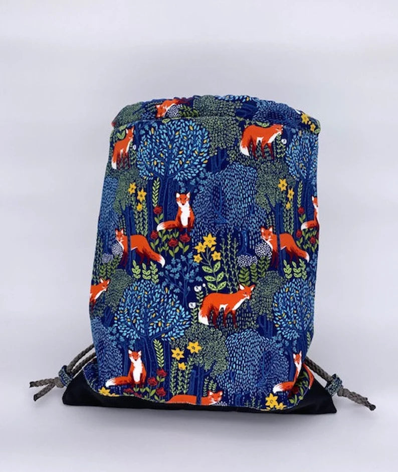 Fox Drawstring Bag - Handmade Drawstring Bag – Drawstring Backpack - On the Go Bag - Toy Sack - Fox - Floral (BLUE)