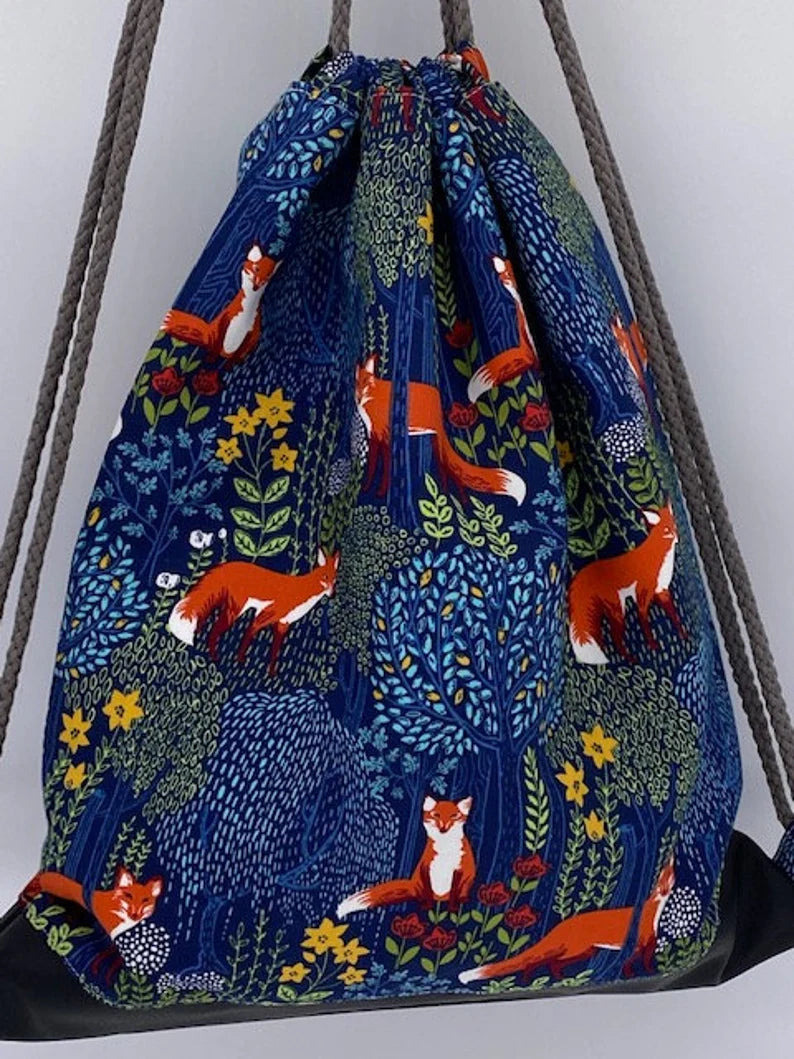 Fox Drawstring Bag - Handmade Drawstring Bag – Drawstring Backpack - On the Go Bag - Toy Sack - Fox - Floral (BLUE)