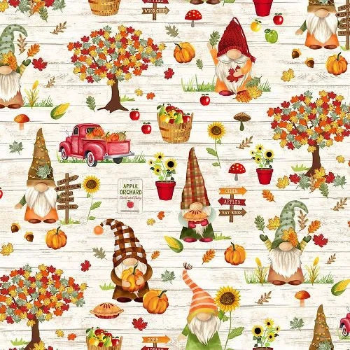 Timeless Treasures Gnome Fabric - Cream Gnomes Pumpkin Patch & Apple Picking - CD2127-CREAM - Gnome - Fall - Autumn - Apple - Cotton Fabric
