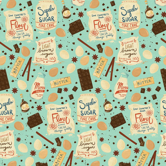 Paintbrush Studio Fabric - Fall Flavors - Fall Flavors Cooking Ingredients Aqua - #120-24651 - Cotton Fabric