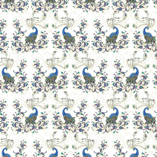 Benartex Peacock Fabric - Double Exposure White Black Peacock Flourish - Cotton Fabric